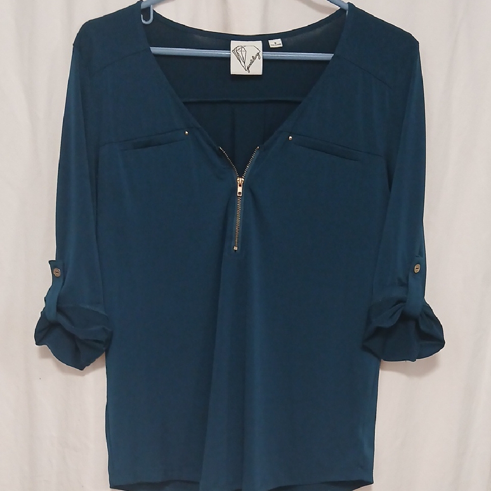 Chic Deep Blue V-Neck Blouse with Zipper